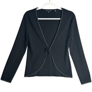 BCBGMaxazria Sz L Black Cardigan Contrast Embroidered White Trim Bow Snap Close‎